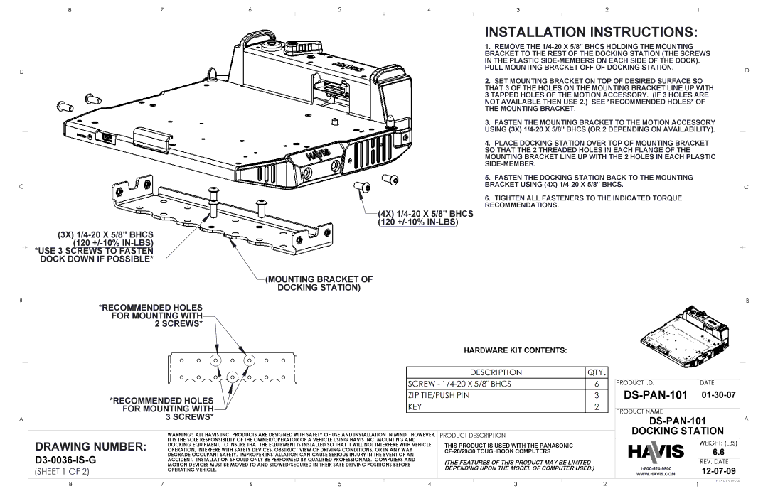 Havis-Shields DS-PAN-103 installation instructions Installation Instructions, Drawing Number, D3-0036-IS-G, DS-PAN-101 a 