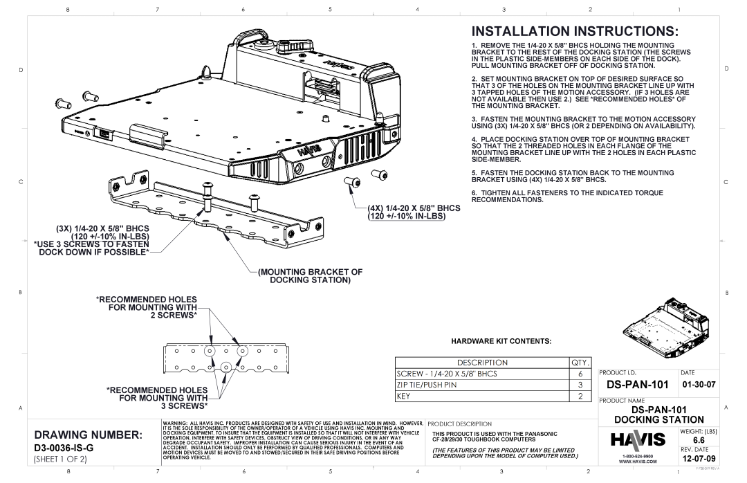 Havis-Shields DS-PAN-103 installation instructions Installation Instructions, Drawing Number, DS-PAN-101, D3-0036-IS-G 