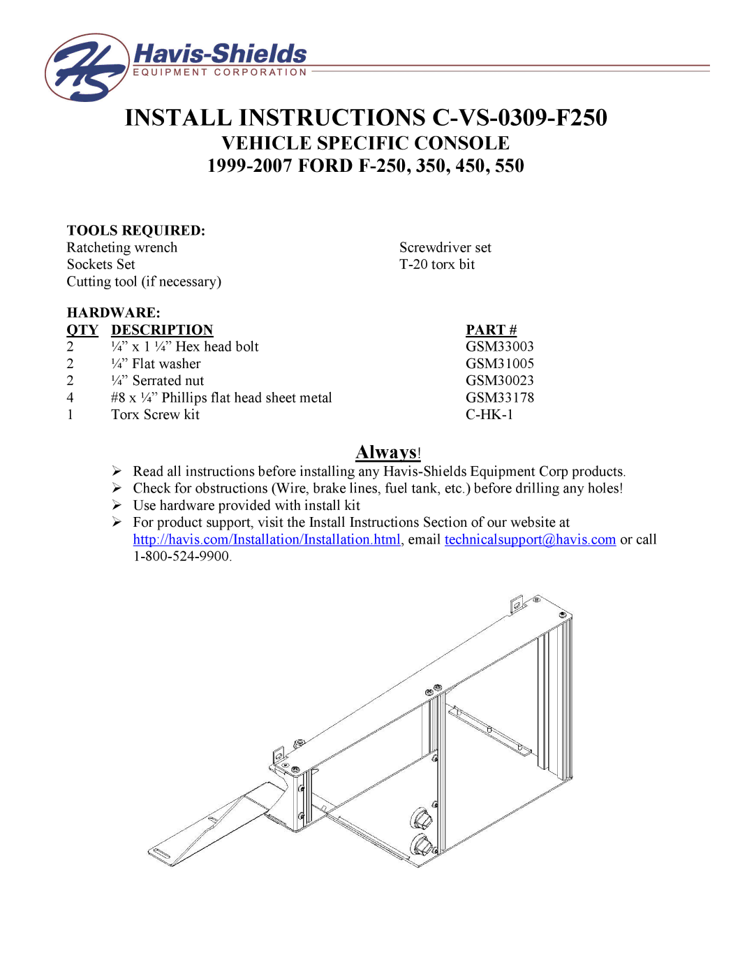 Havis-Shields GSM30023 manual Install Instructions C-VS-0309-F250 