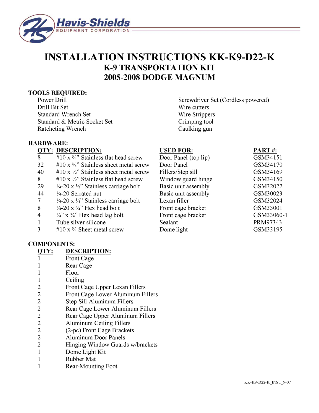 Havis-Shields installation instructions Installation Instructions KK-K9-D22-K 