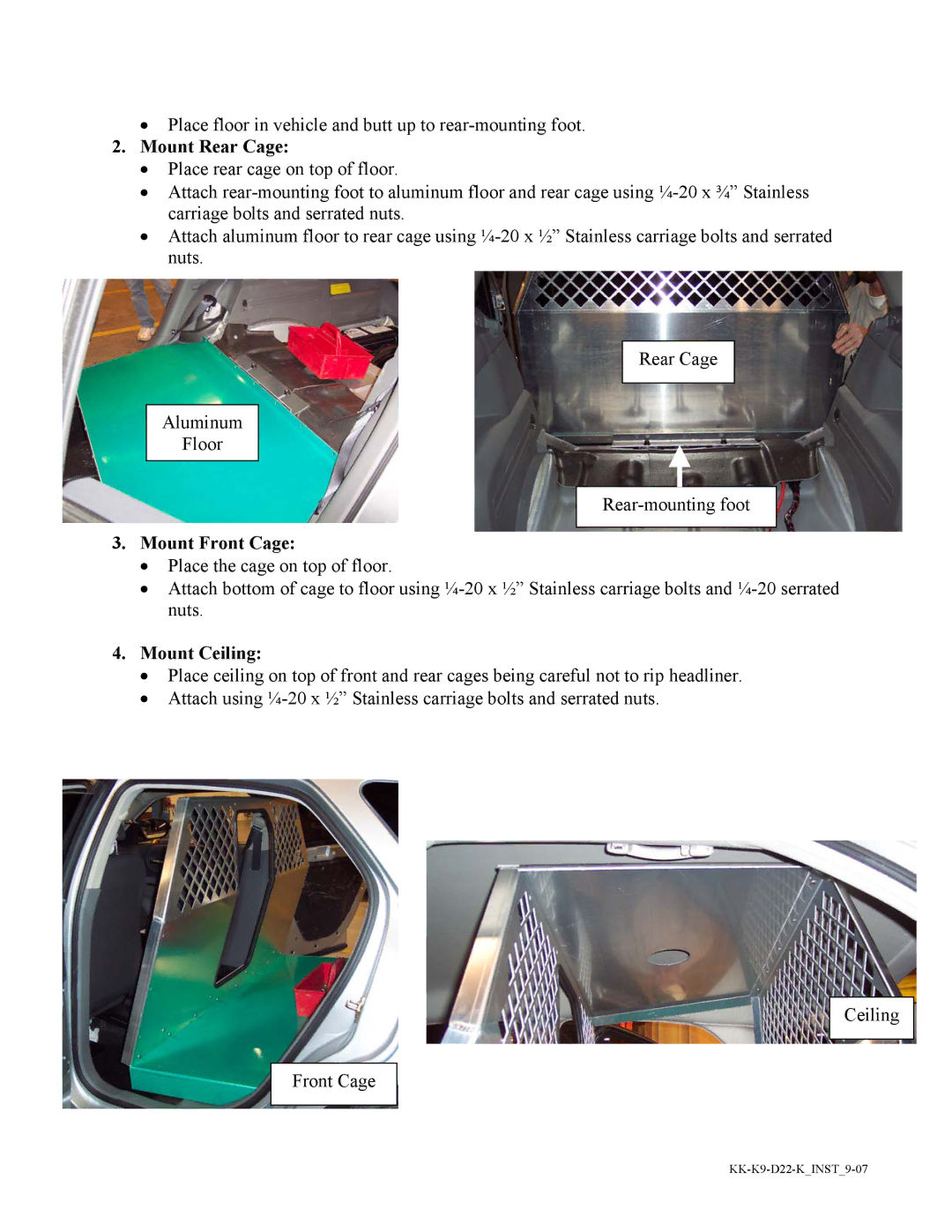 Havis-Shields KK-K9-D22-K installation instructions Mount Rear Cage, Mount Front Cage, Mount Ceiling 