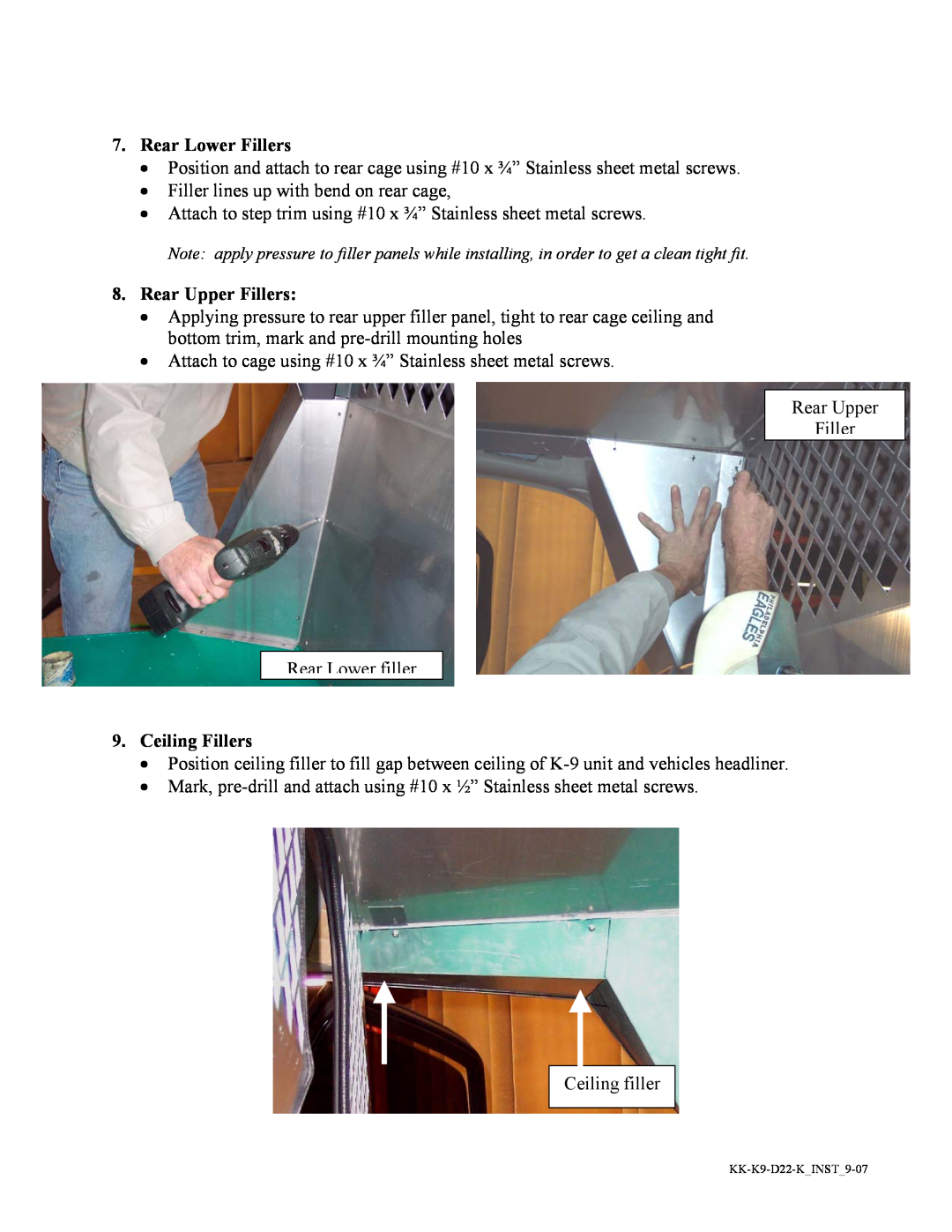 Havis-Shields KK-K9-D22-K installation instructions Rear Lower Fillers, Rear Upper Fillers, Ceiling Fillers 