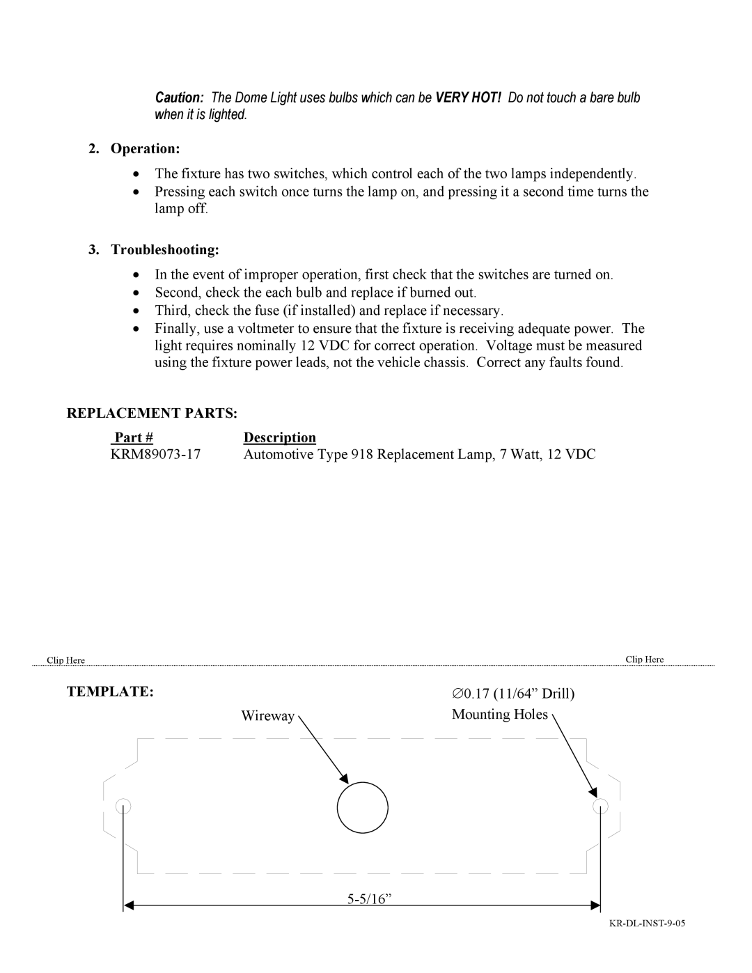 Havis-Shields KR-DL installation instructions Operation, Troubleshooting, Replacement Parts, Template 