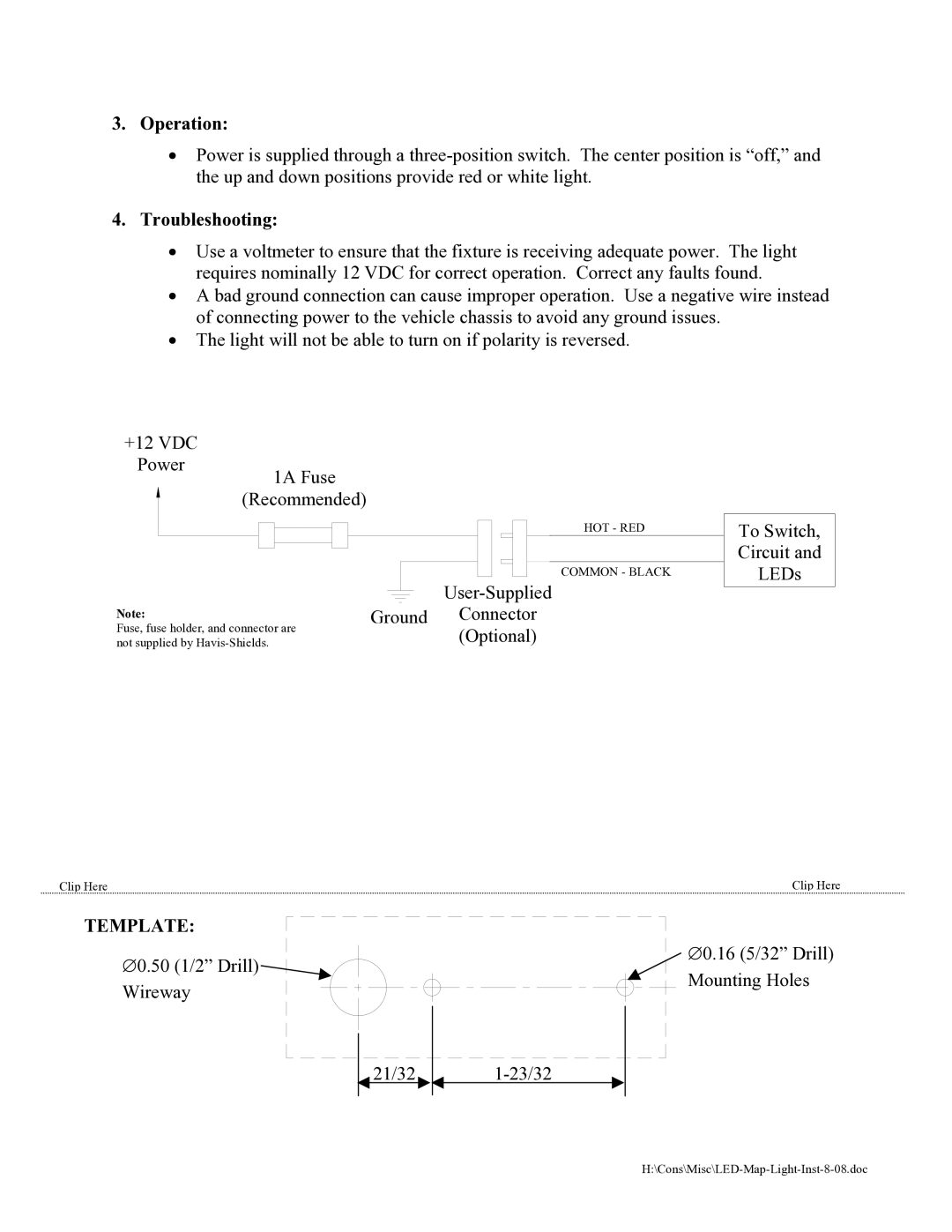 Havis-Shields LED Gooseneck Map Light installation instructions Operation, Troubleshooting, Template 