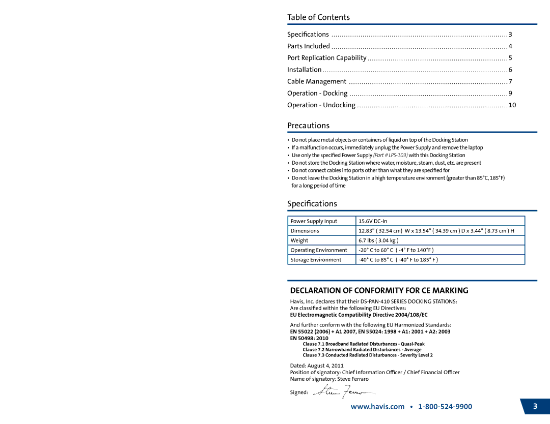 Havis-Shields PKG-DS-PAN-412-2, DS-PAN-413, DS-PAN-411-2 owner manual Table of Contents, Precautions, Specifications 