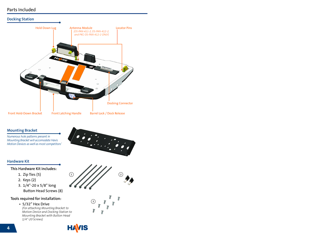 Havis-Shields PKG-DS-PAN-412-2, DS-PAN-413, DS-PAN-411-2 owner manual Parts Included, Docking Station 