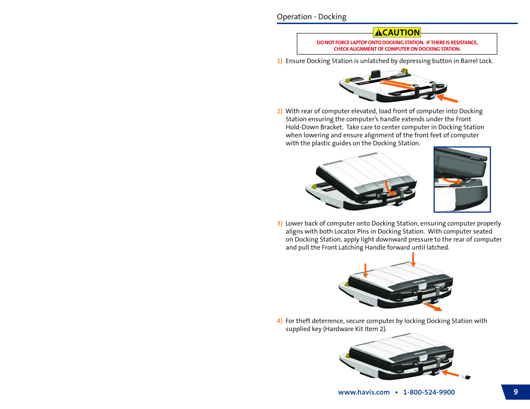 Havis-Shields DS-PAN-411, DS-PAN-412 Operation - Docking, Do Not Force Laptop Onto Docking Station. If There Is Resistance 