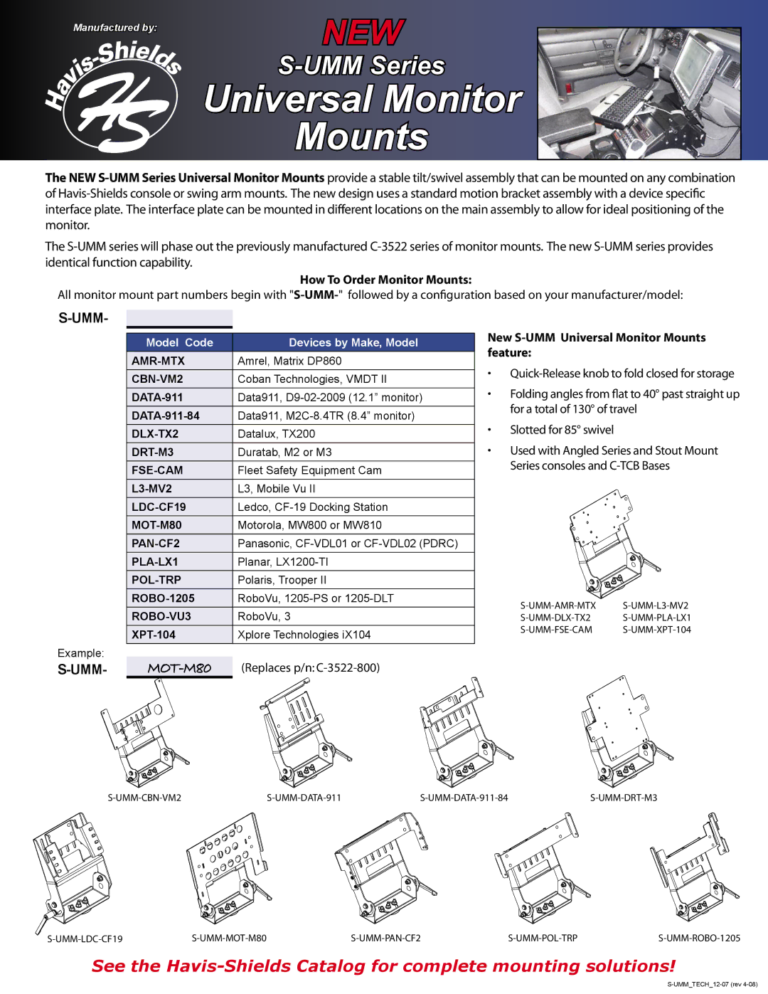 Havis-Shields S-UMM-PLA-LX1, S-UMM-XPT-104, S-UMM-L3-MV2 manual Universal Monitor, How To Order Monitor Mounts 