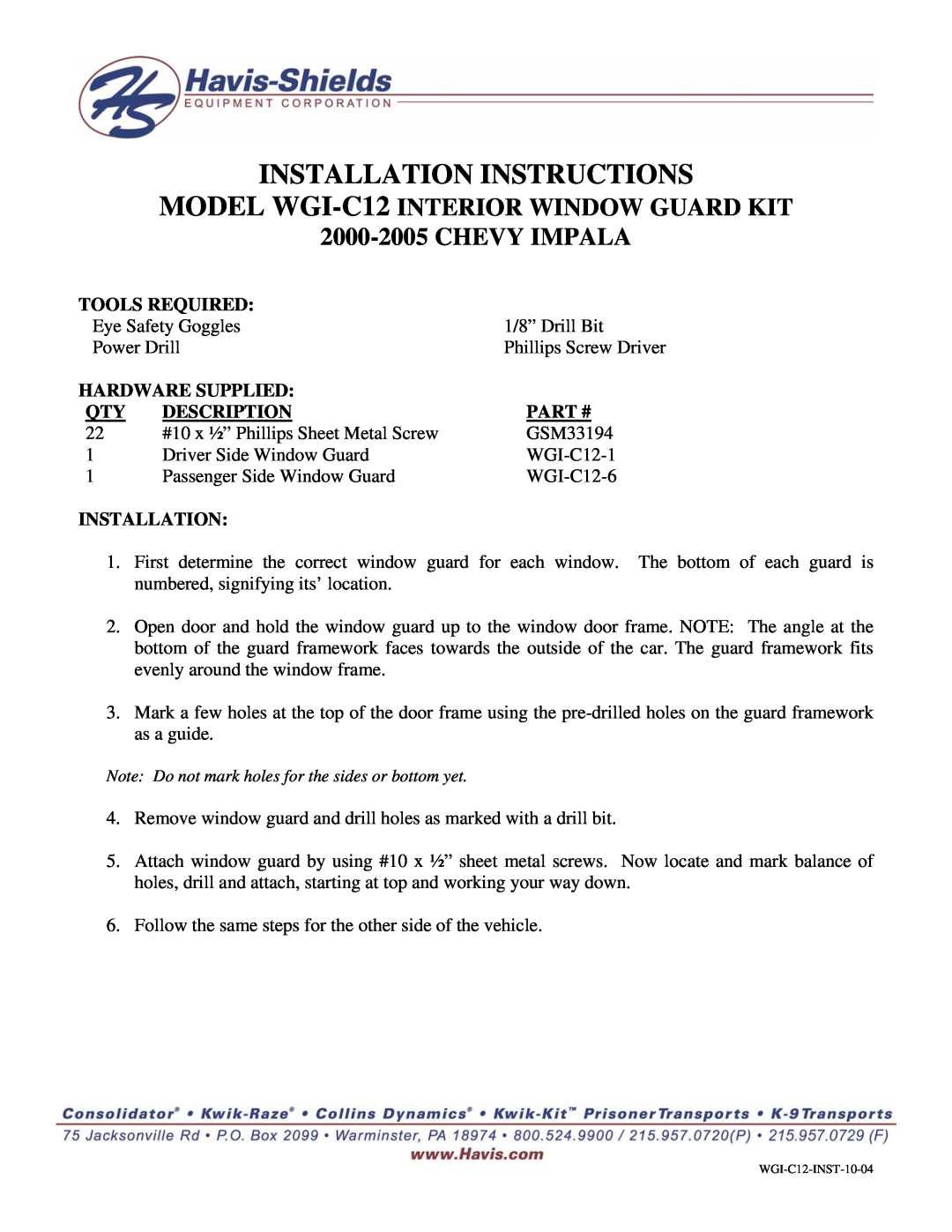 Havis-Shields installation instructions Installation Instructions, MODEL WGI-C12 INTERIOR WINDOW GUARD KIT, Description 