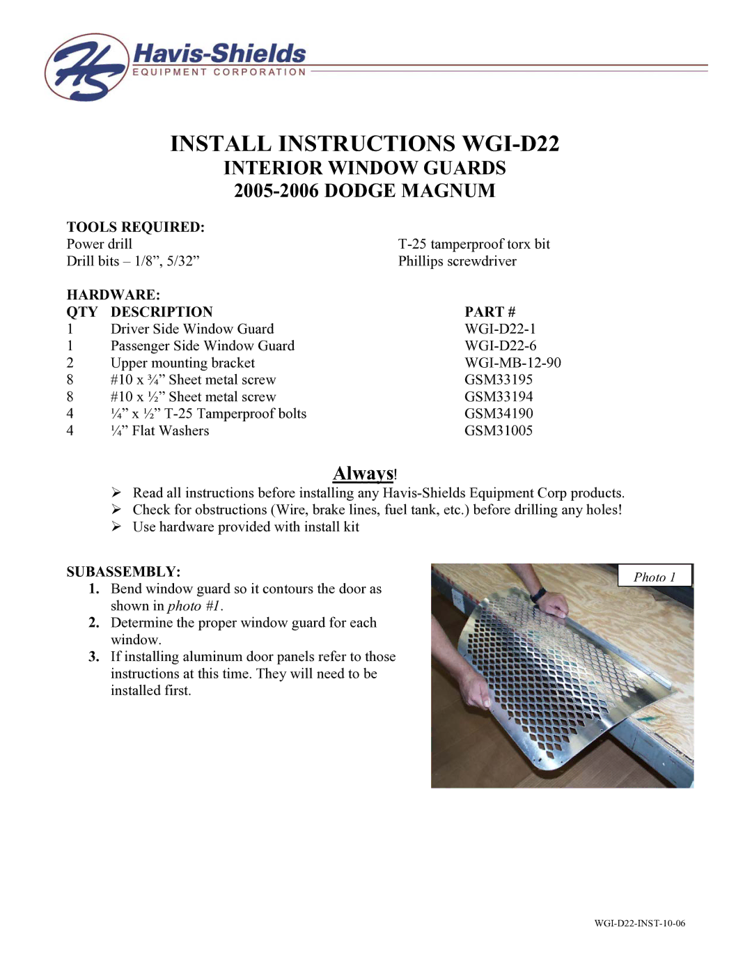 Havis-Shields manual Install Instructions WGI-D22, Interior Window Guards 2005-2006 Dodge Magnum, Always 