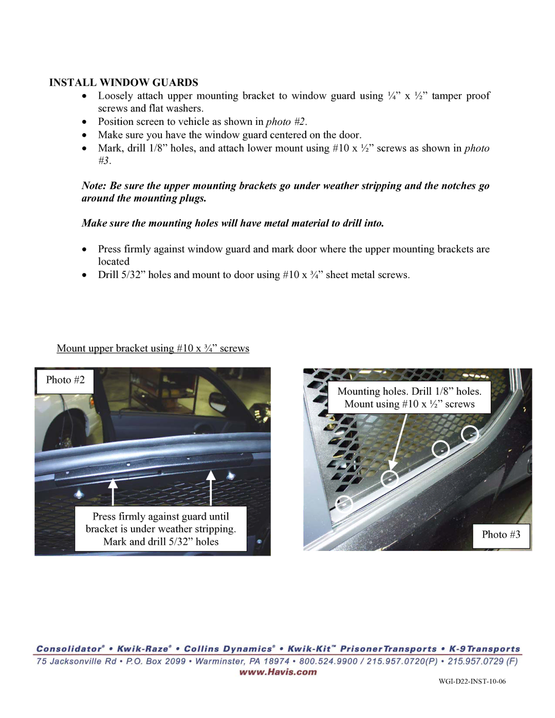 Havis-Shields WGI-D22 manual Install Window Guards 