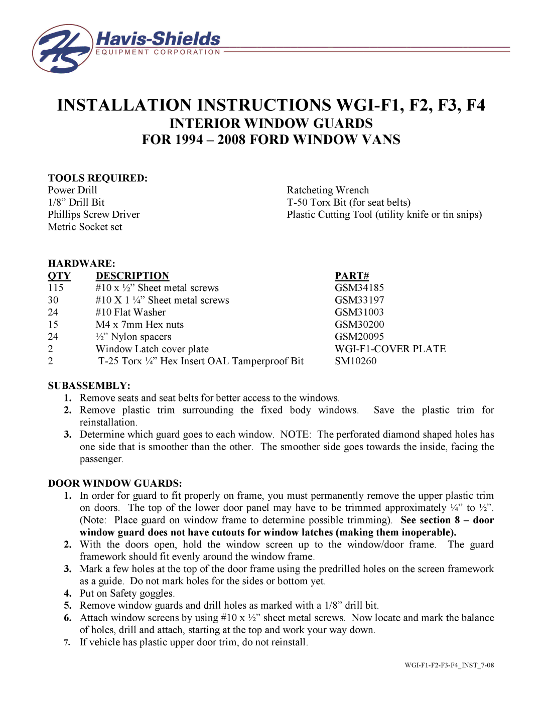 Havis-Shields installation instructions Installation Instructions WGI-F1, F2, F3, F4 