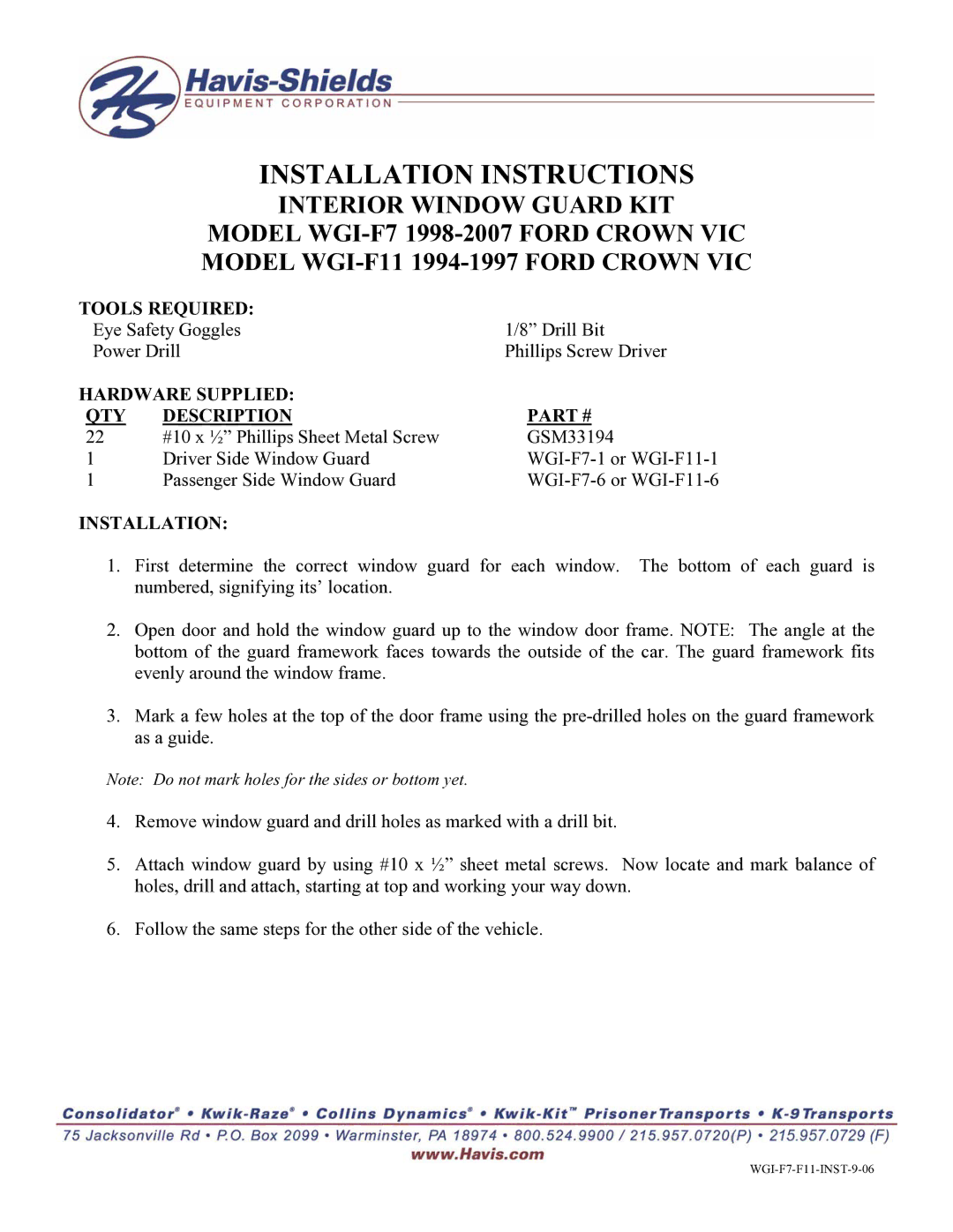 Havis-Shields WGI-F11 installation instructions Installation Instructions, Tools Required 