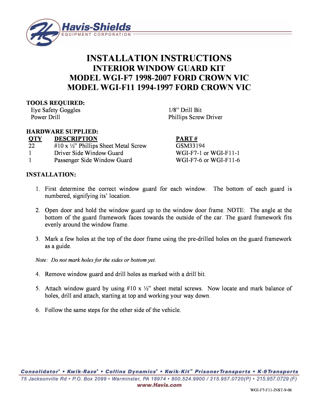 Havis-Shields installation instructions Installation Instructions, MODEL WGI-F11 1994-1997 FORD CROWN VIC, Description 