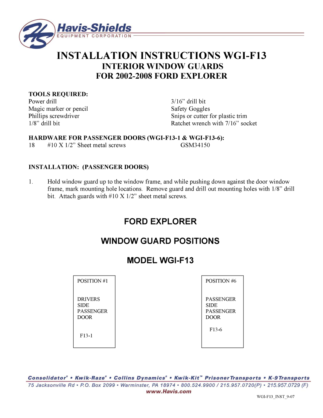 Havis-Shields installation instructions Installation Instructions WGI-F13 