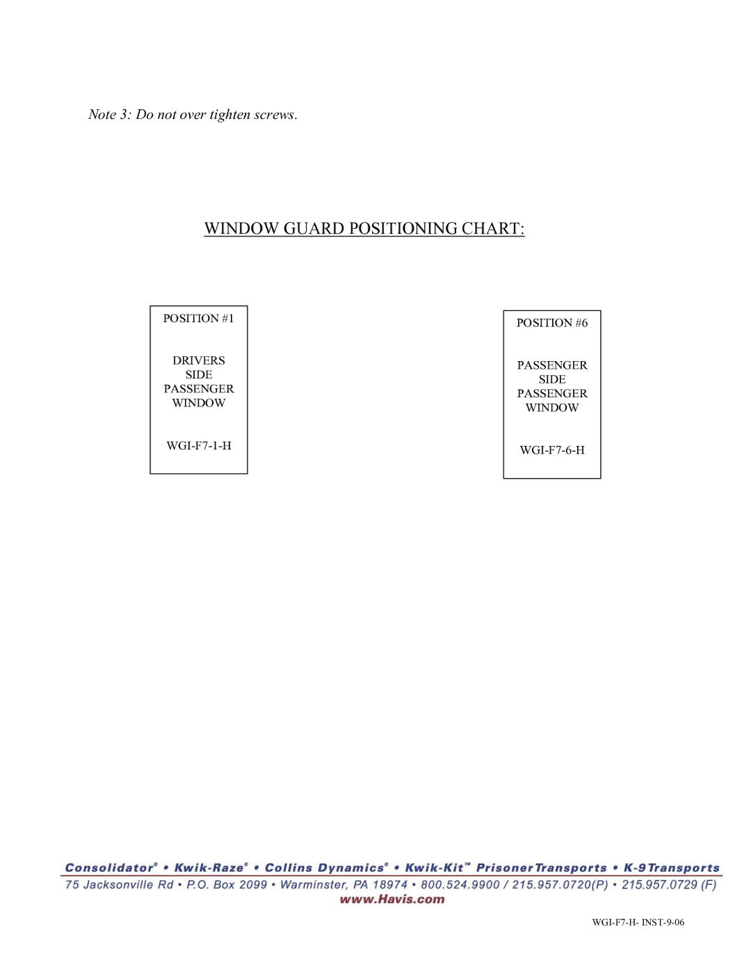 Havis-Shields WGI-F7-H installation instructions Window Guard Positioning Chart 