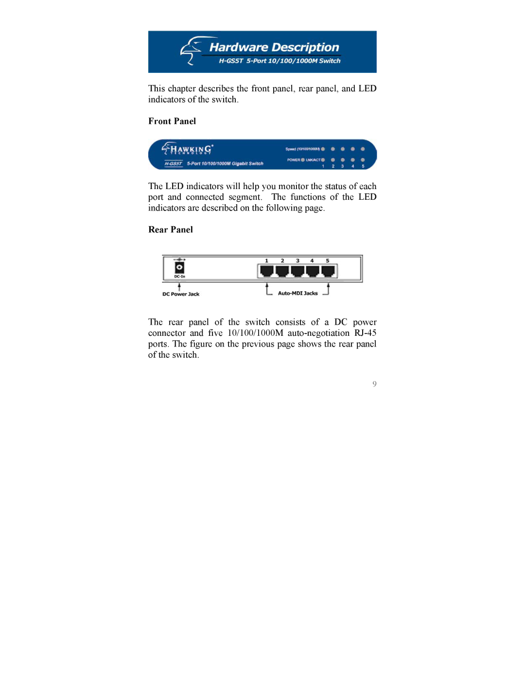 Hawking Technology 1000M manual Front Panel, Rear Panel 