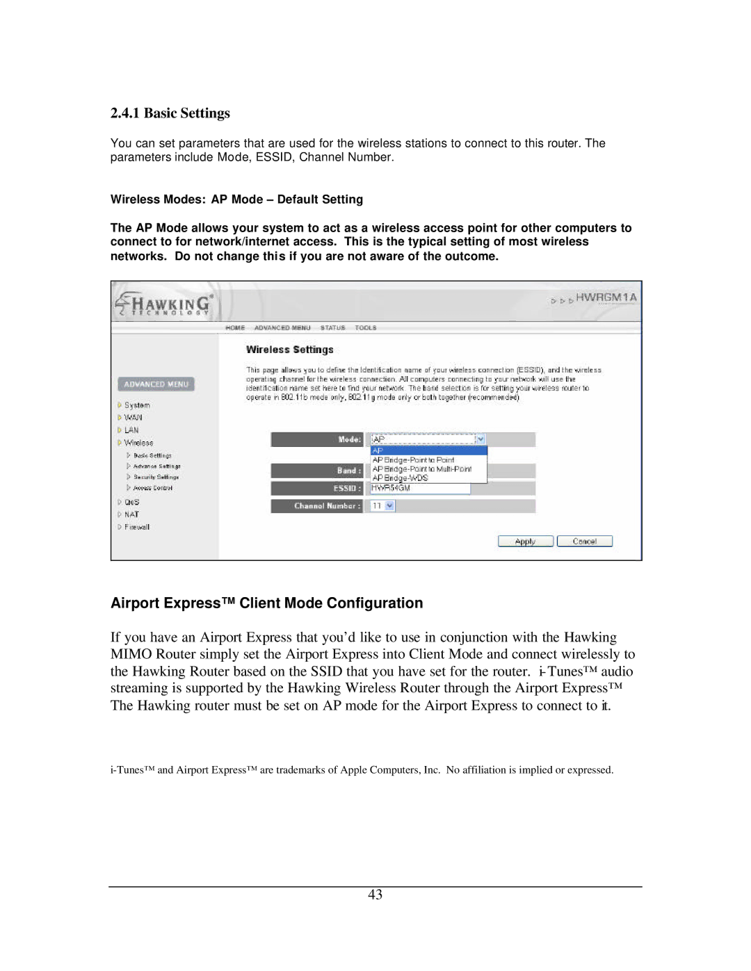 Hawking Technology 108G manual Airport Express Client Mode Configuration 