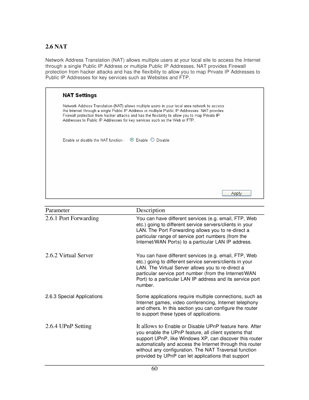 Hawking Technology 108G manual Parameter Description Port Forwarding, Virtual Server, UPnP Setting 