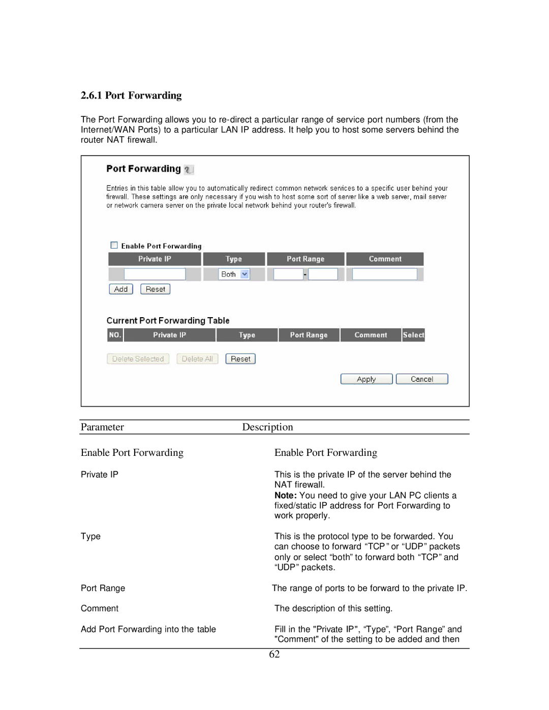 Hawking Technology 108G manual Parameter Description Enable Port Forwarding 