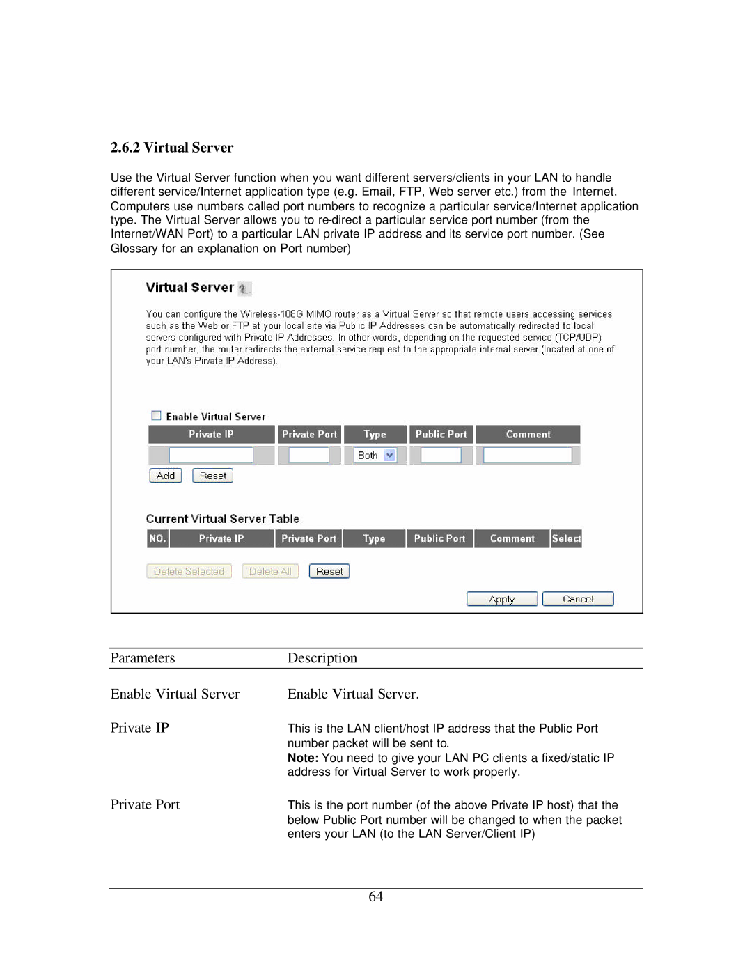 Hawking Technology 108G manual Parameters Description Enable Virtual Server Private IP, Private Port 