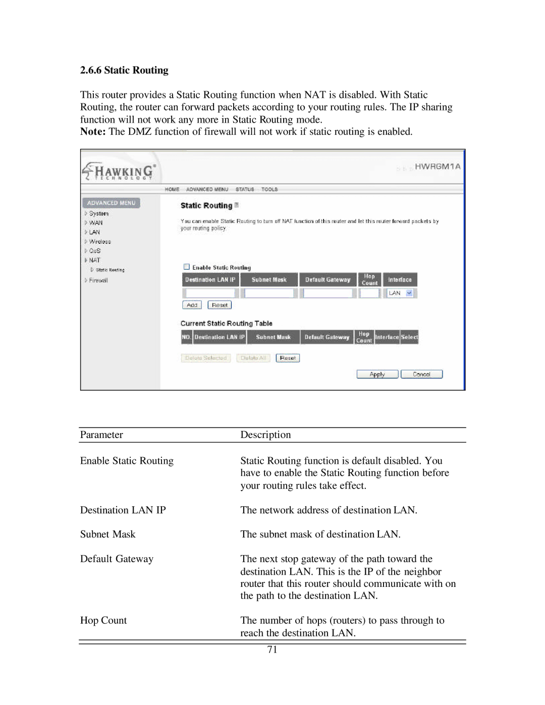 Hawking Technology 108G manual Static Routing 