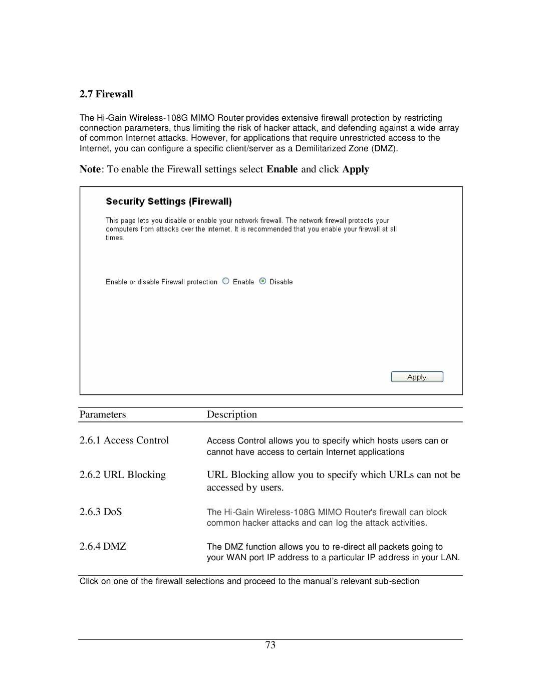 Hawking Technology 108G manual Parameters Description Access Control, 4 DMZ 