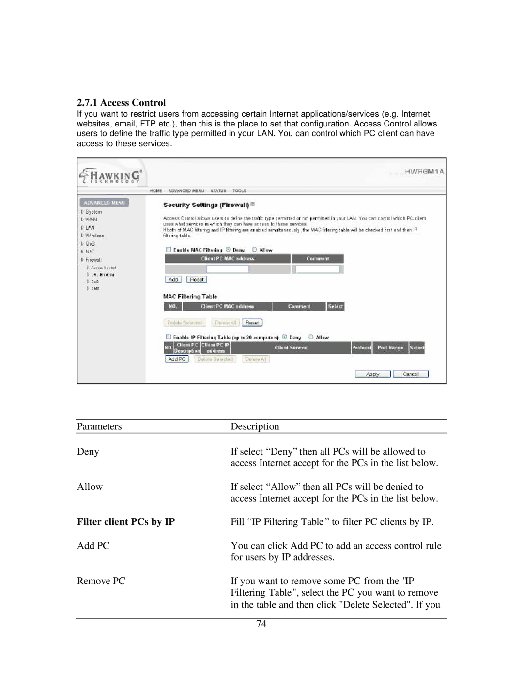 Hawking Technology 108G manual Filter client PCs by IP, Fill IP Filtering Table to filter PC clients by IP 