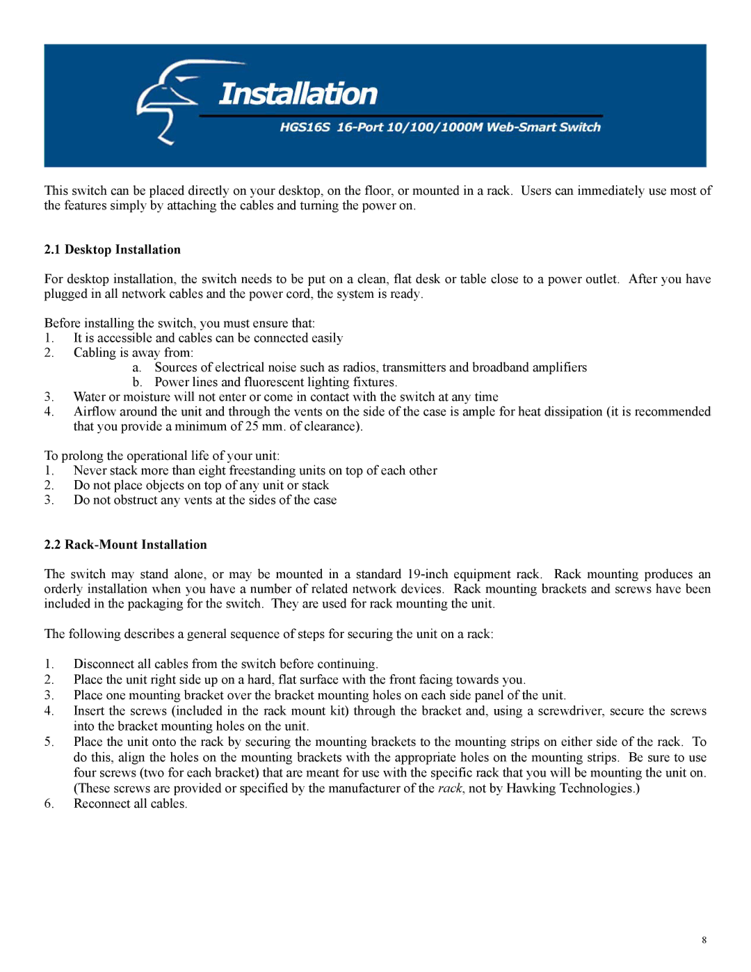 Hawking Technology 10M, 100M manual Desktop Installation, Rack-Mount Installation 