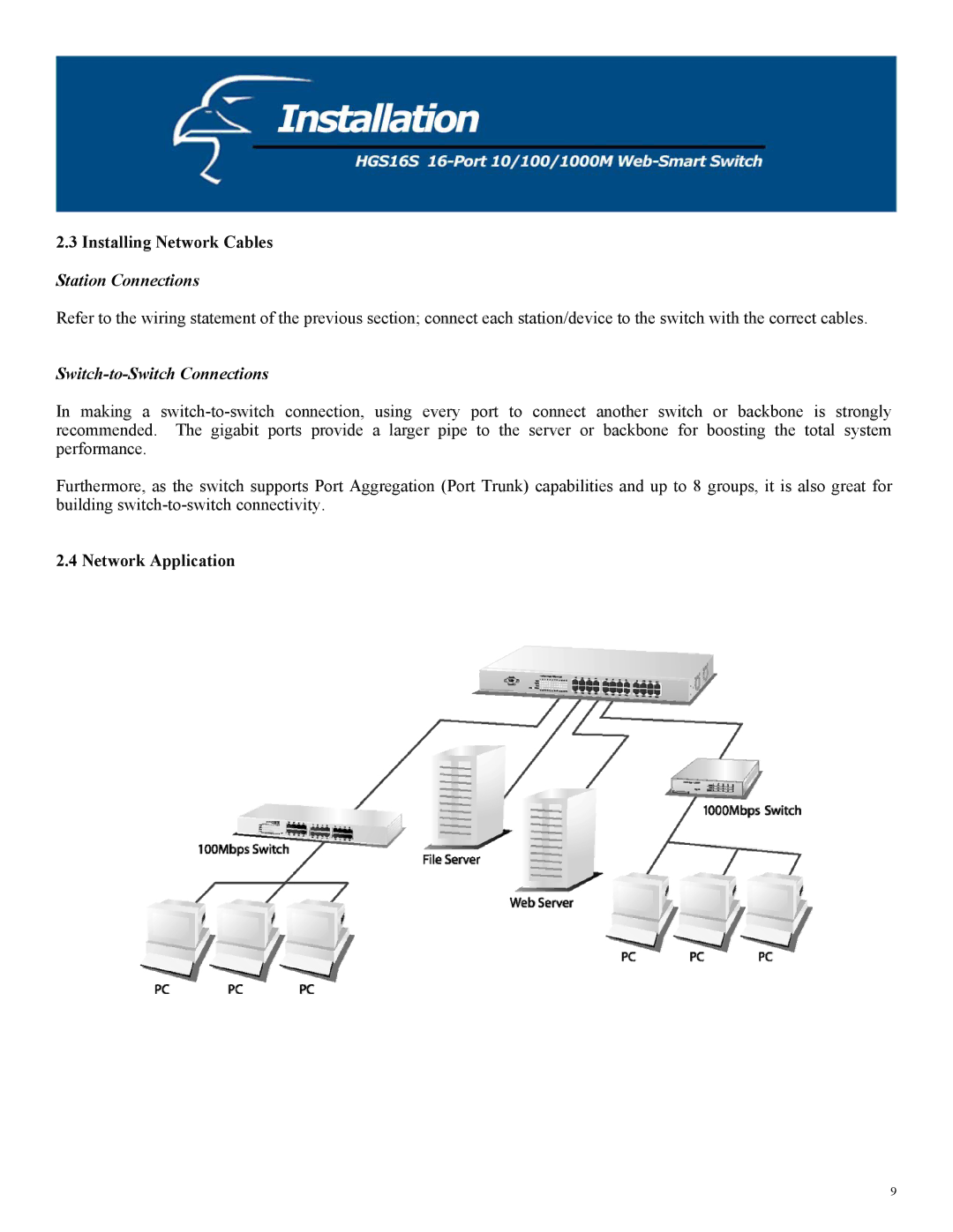 Hawking Technology 100M Installing Network Cables, Station Connections, Switch-to-Switch Connections, Network Application 