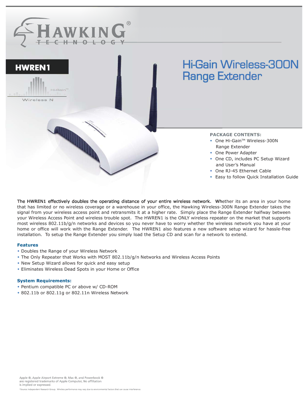 Hawking Technology 300N software manual Extend the Range of your Wireless Network, Features, System Requirements 