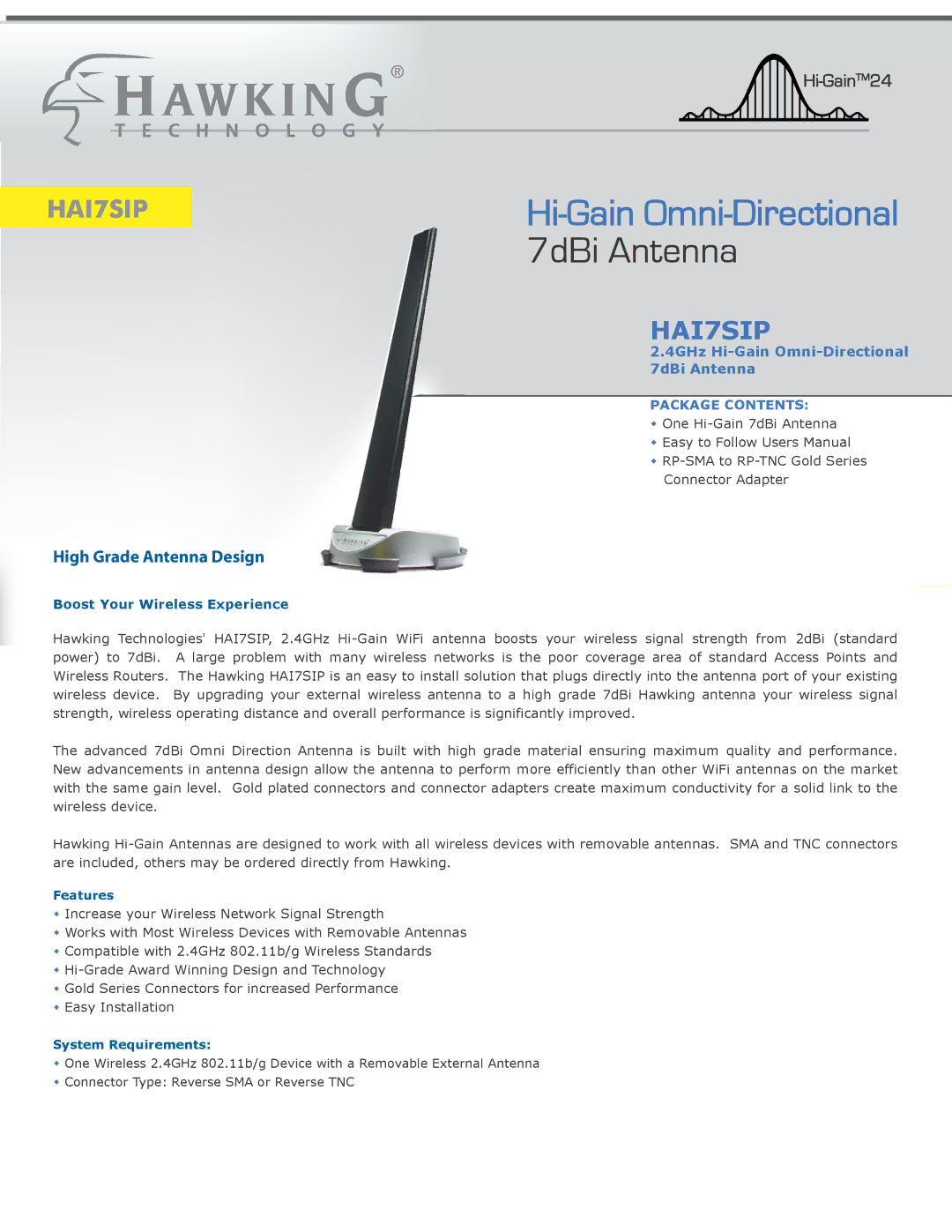 Hawking Technology 300N software manual Hi-Gain Omni-Directional 7dBi Antenna 