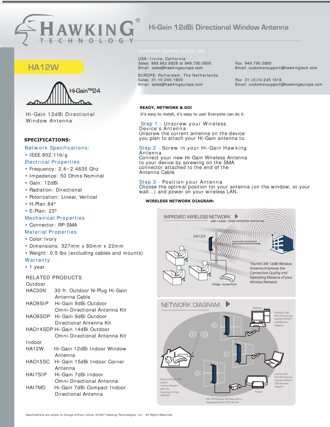 Hawking Technology 300N software manual Hi-Gain 12dBi Directional Window Antenna, Unscrew your Wireless Device’s Antenna 