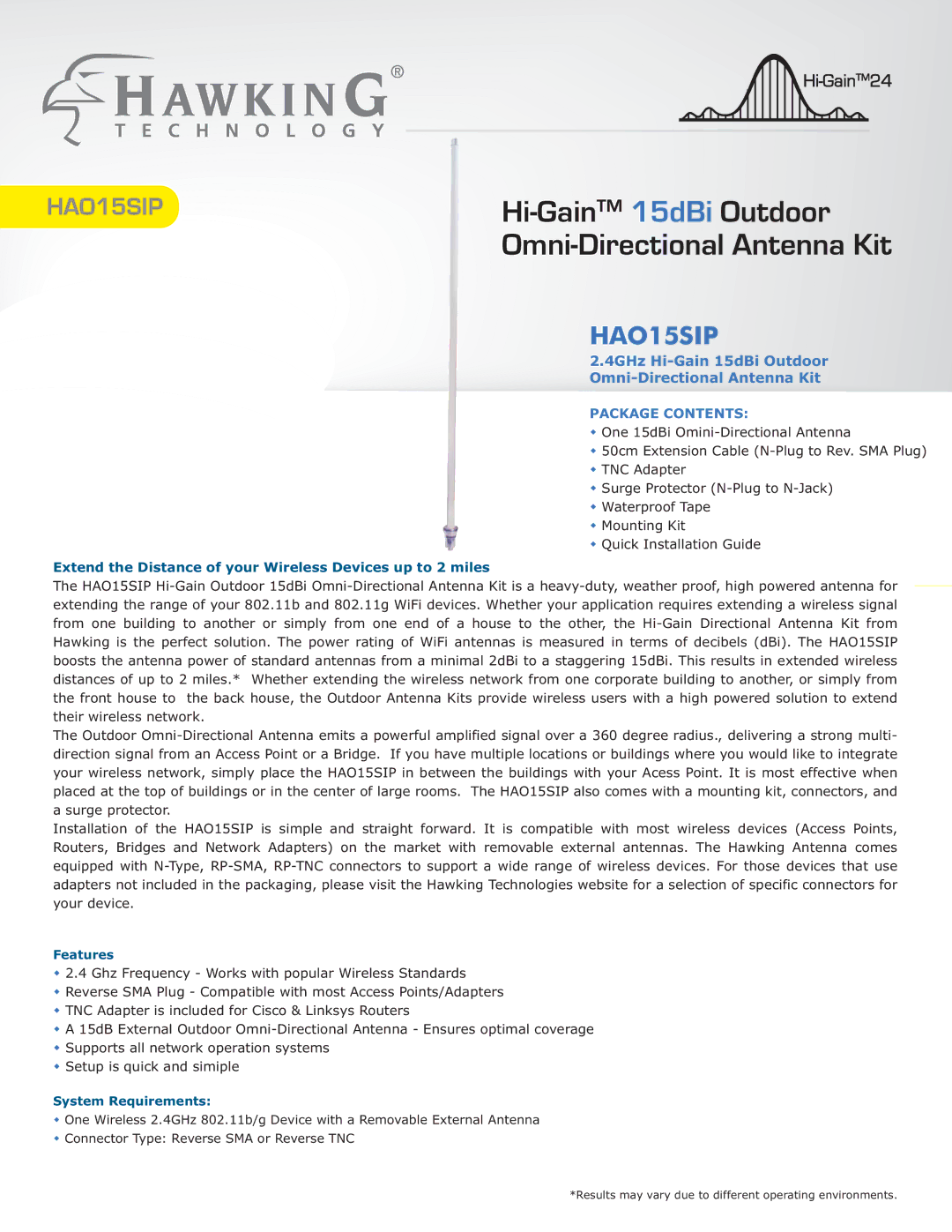 Hawking Technology 300N software manual Hi-GainTM15dBi Outdoor Omni-Directional Antenna Kit 