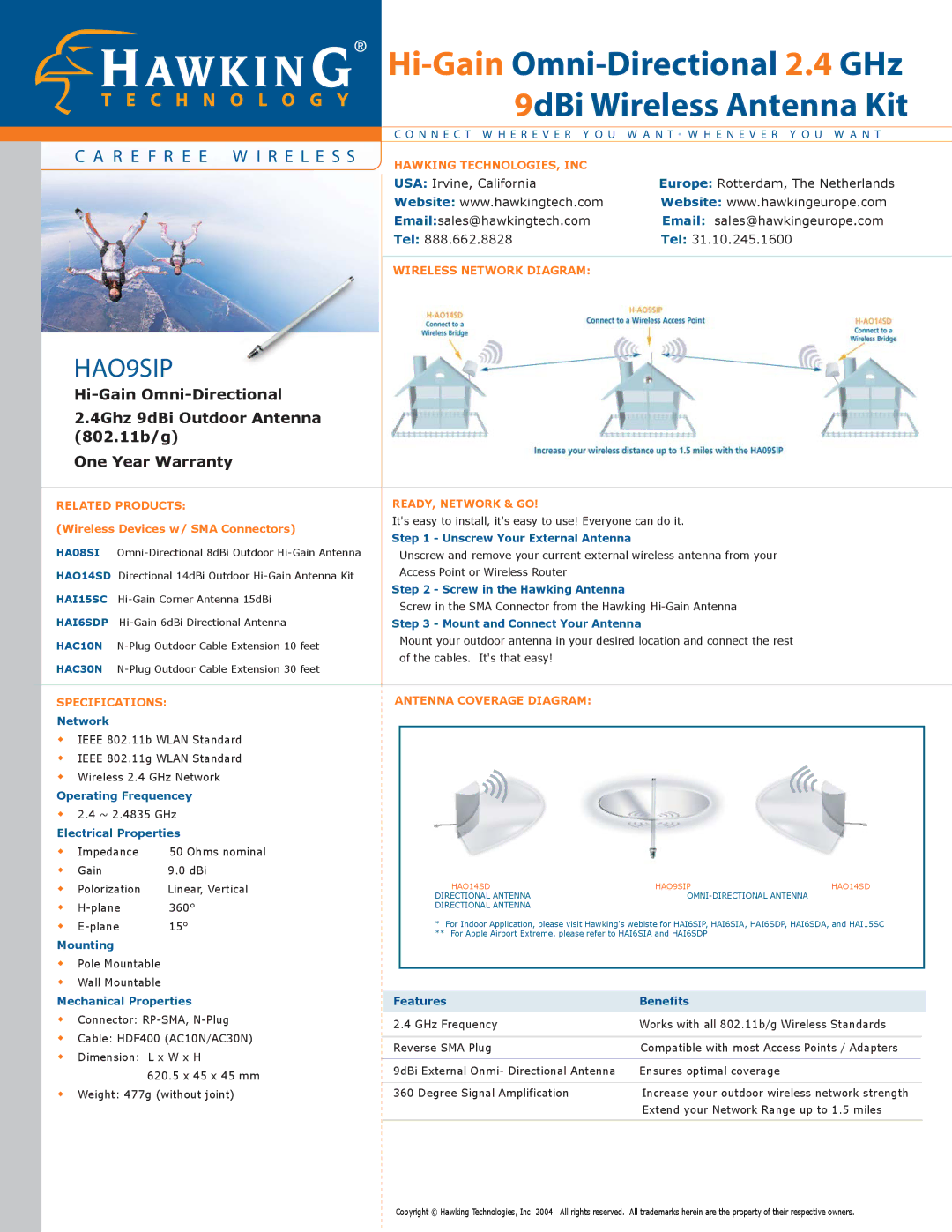 Hawking Technology 300N software manual Hi-GainOmni-Directional 2.4 GHz 9dBi Wireless Antenna Kit 