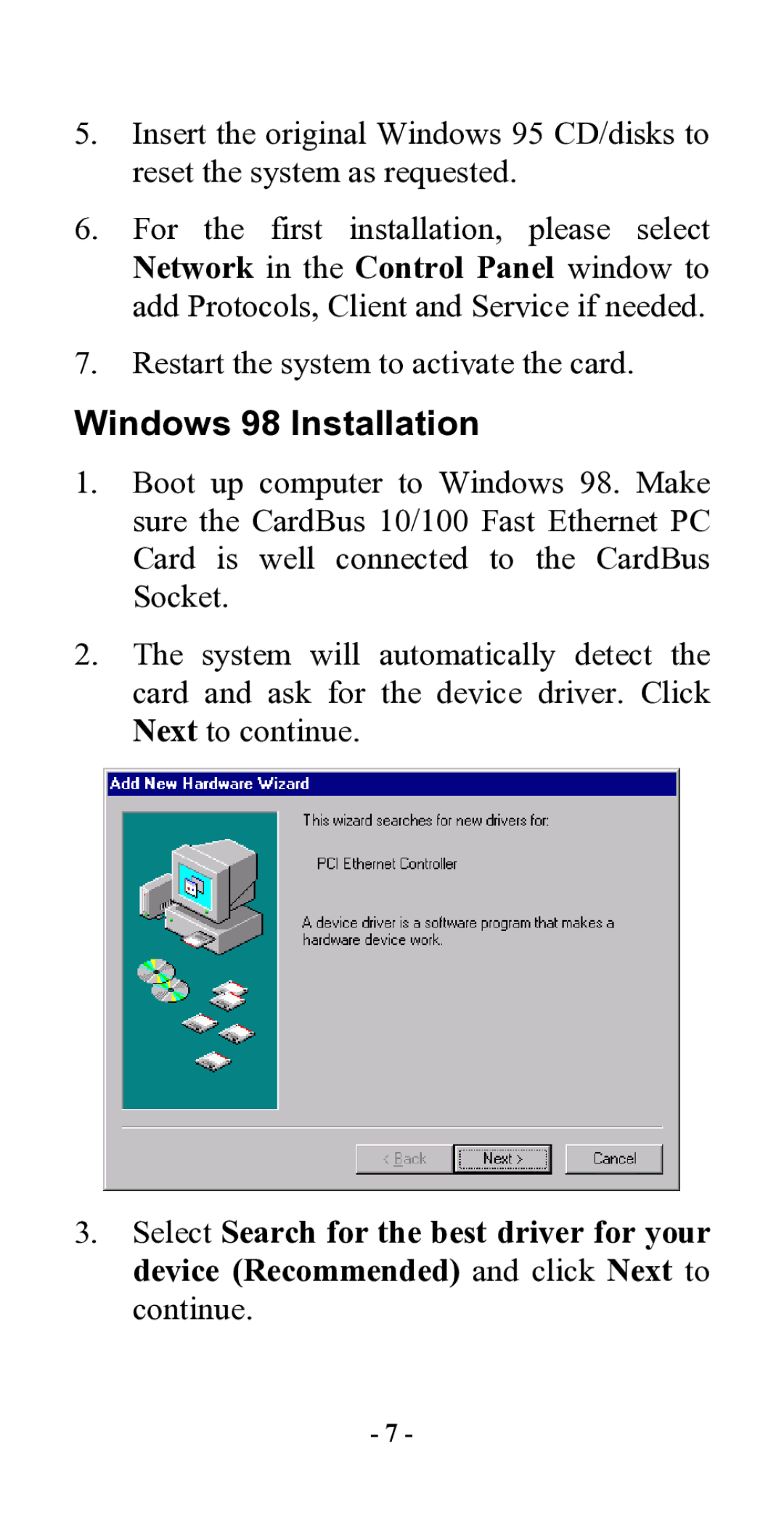 Hawking Technology CardBus 10/100 Fast Ethernet PC Card manual Windows 98 Installation 