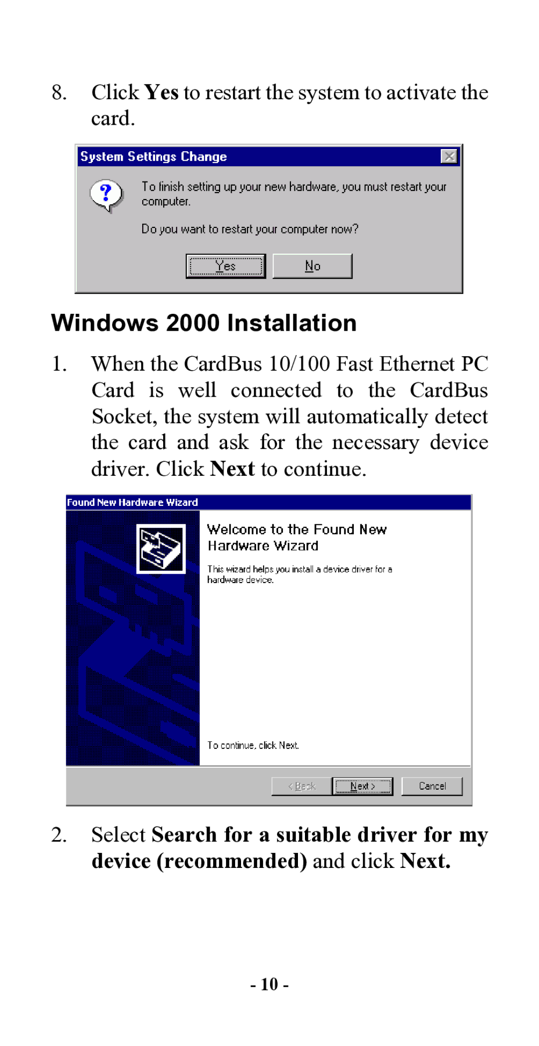 Hawking Technology CardBus 10/100 Fast Ethernet PC Card manual Windows 2000 Installation 