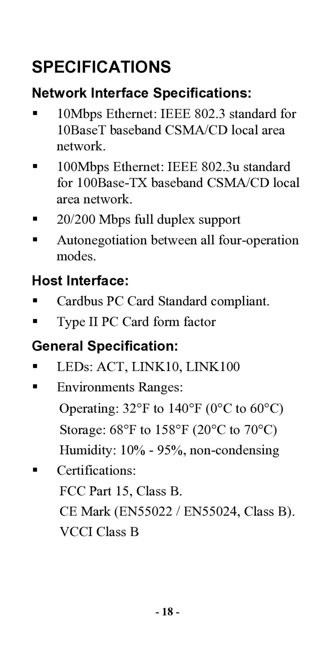 Hawking Technology CardBus 10/100 Fast Ethernet PC Card manual Network Interface Specifications, Host Interface 