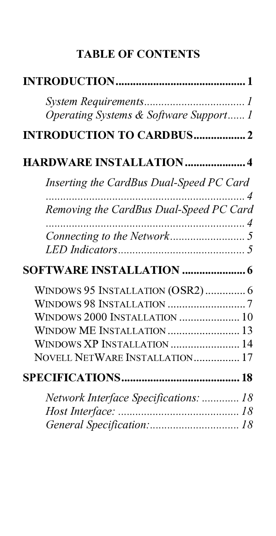 Hawking Technology CardBus 10/100 Fast Ethernet PC Card manual Table of Contents Introduction 