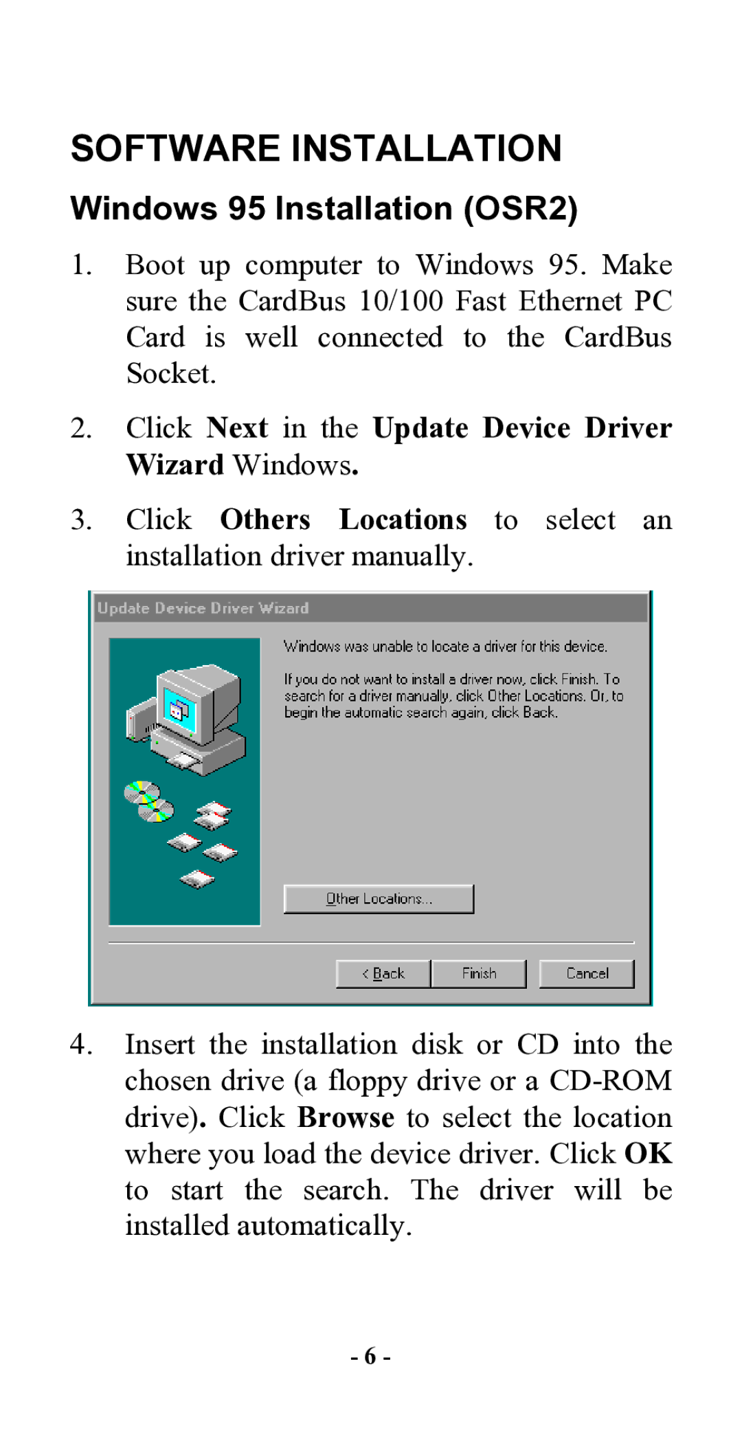 Hawking Technology CardBus 10/100 Fast Ethernet PC Card manual Software Installation, Windows 95 Installation OSR2 