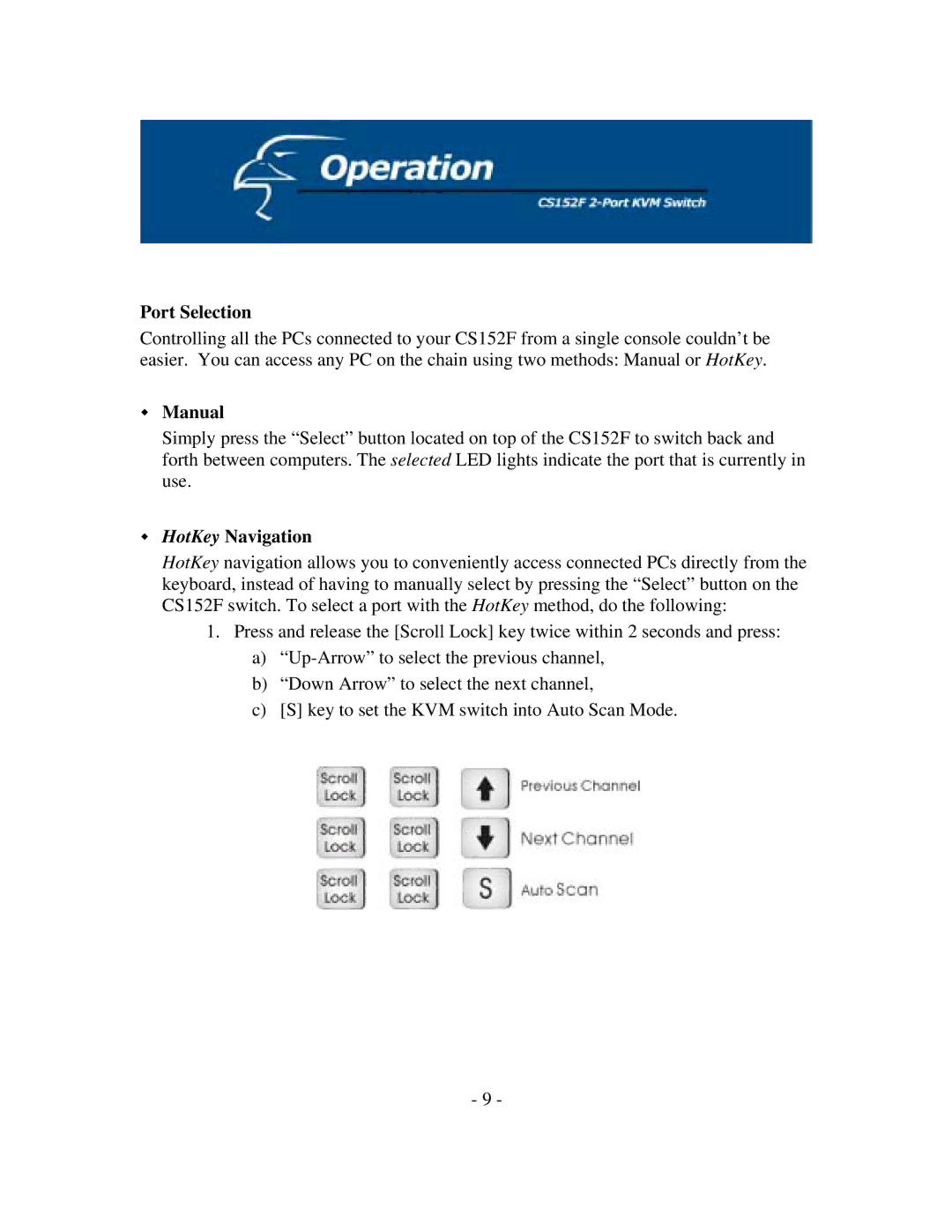 Hawking Technology CS152F manual Port Selection, Manual, HotKey Navigation 