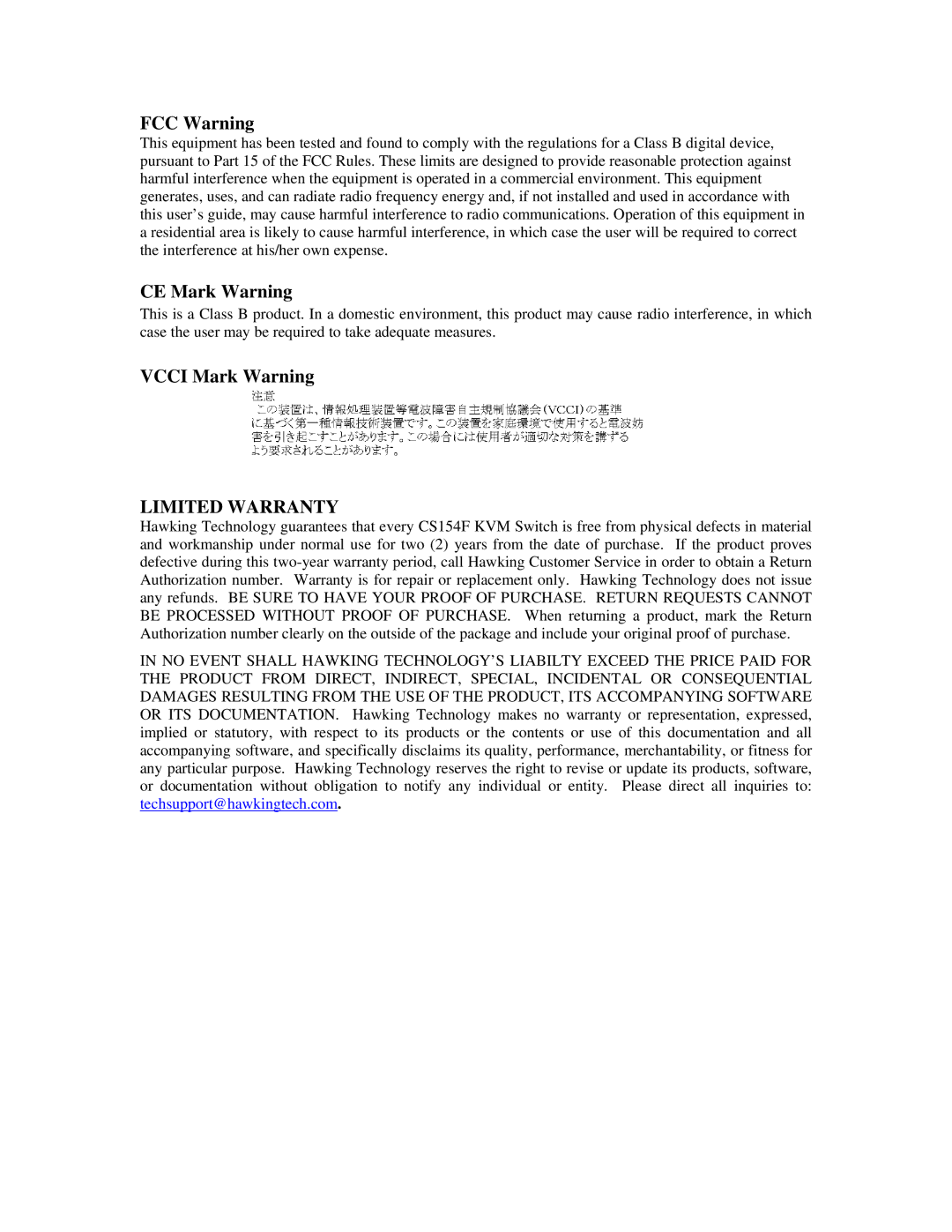 Hawking Technology CS154F manual FCC Warning, CE Mark Warning, Vcci Mark Warning 