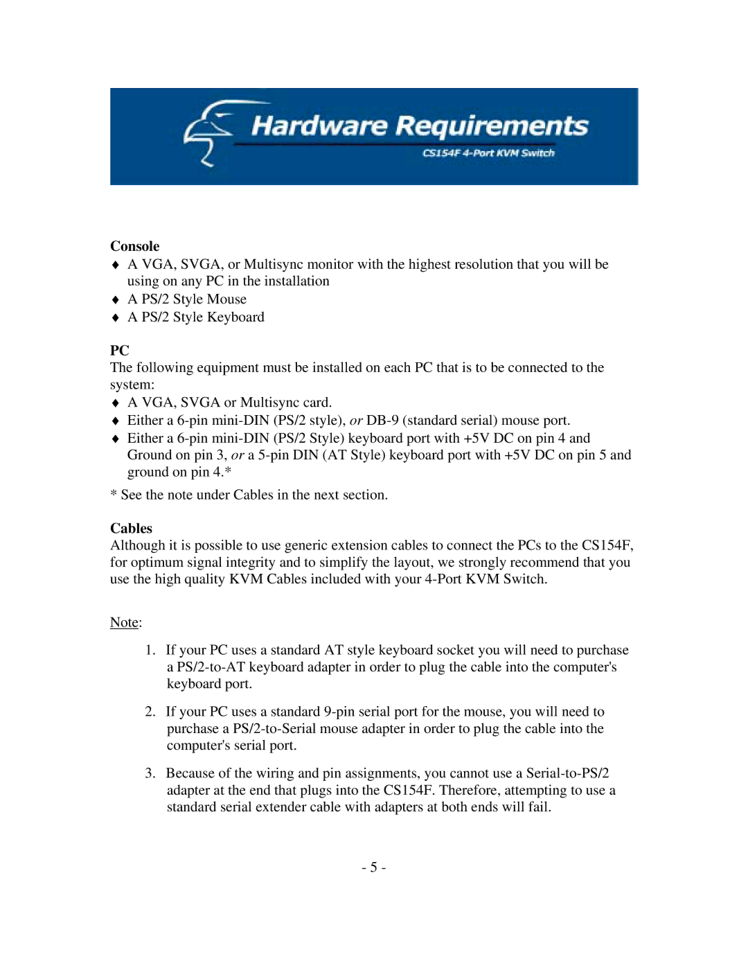 Hawking Technology CS154F manual Console, Cables 