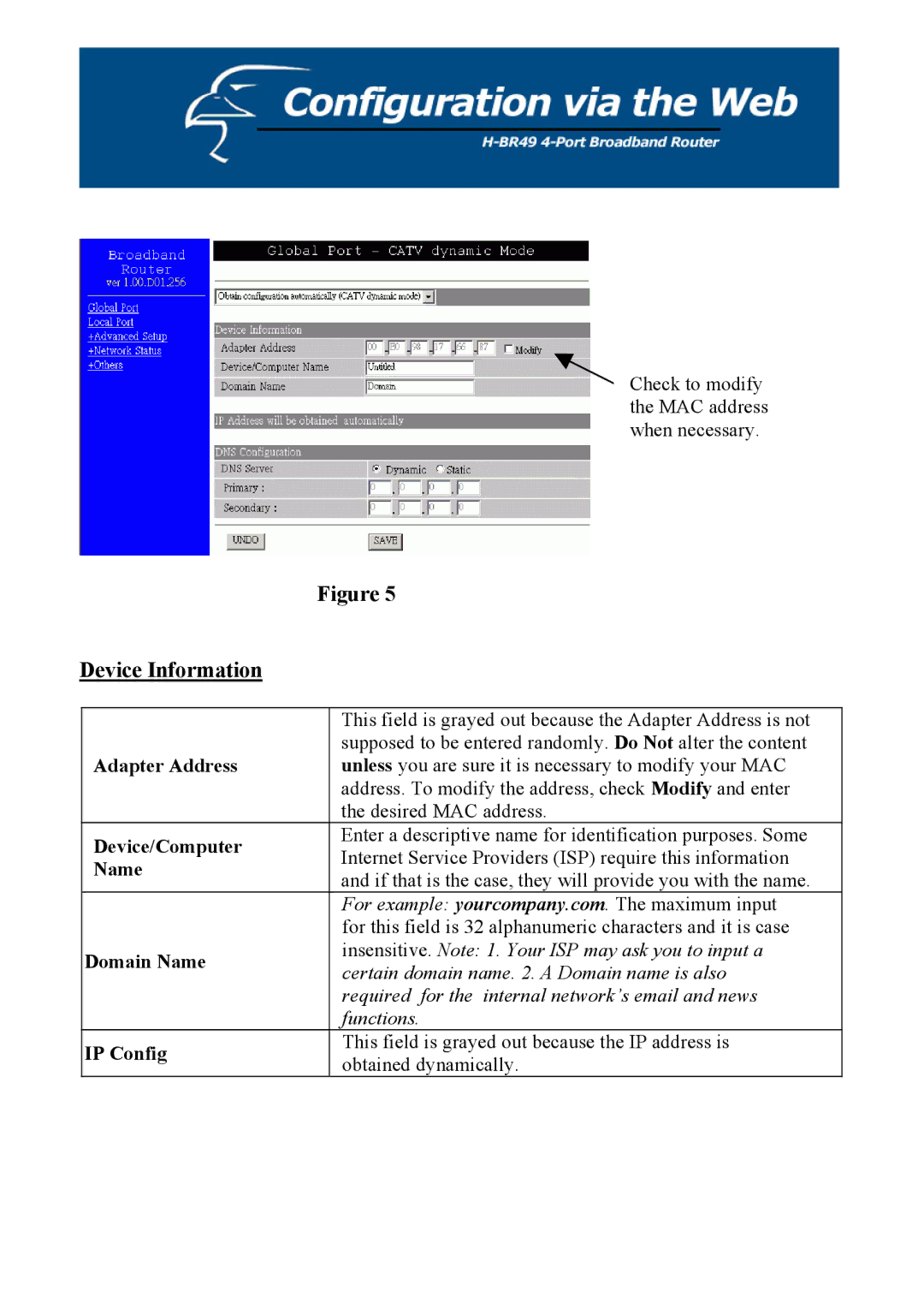 Hawking Technology H-BR49 manual Device Information, Name, IP Config 