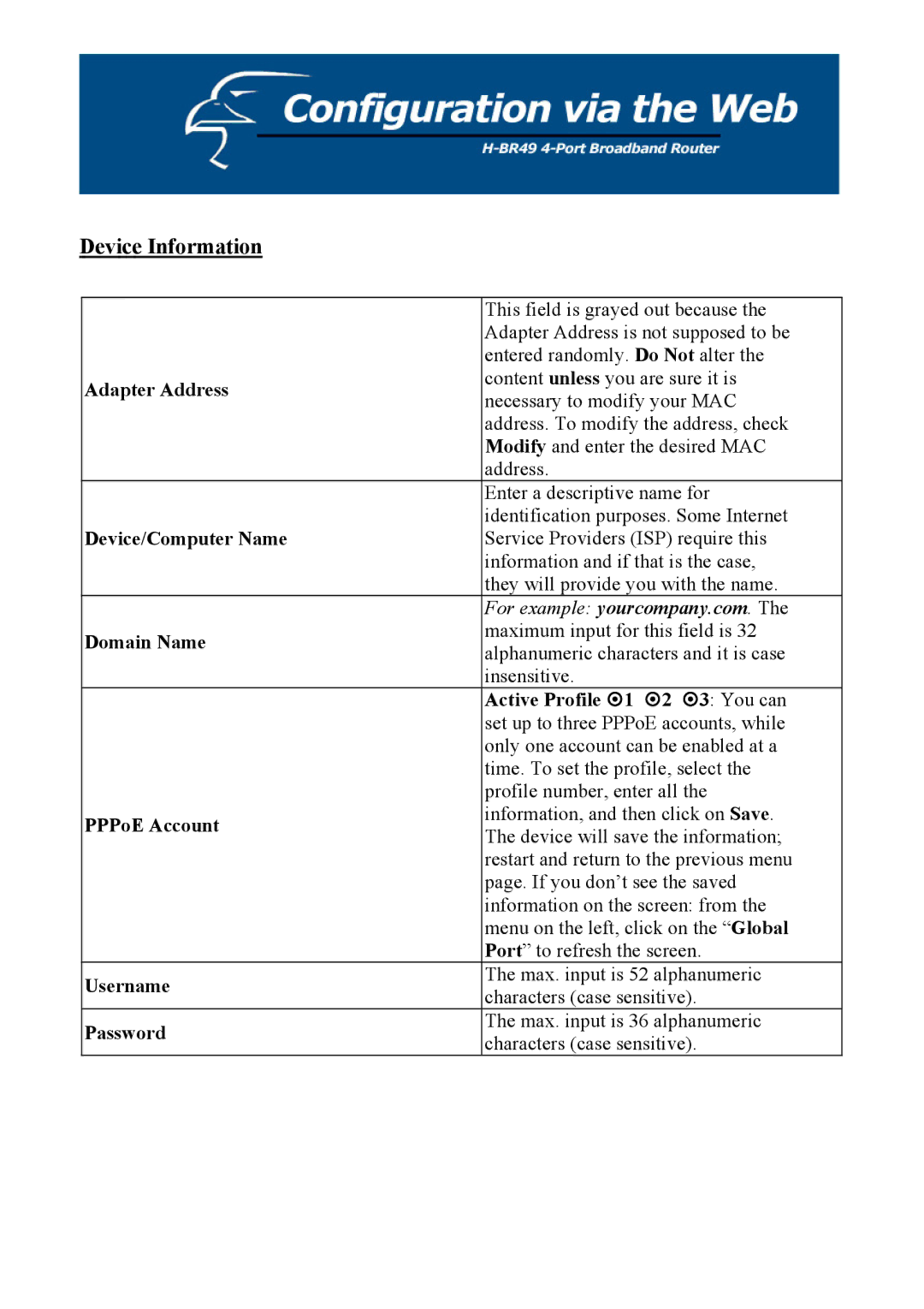 Hawking Technology H-BR49 manual Device/Computer Name, Active Profile 1 2 3 You can, PPPoE Account, Username, Password 