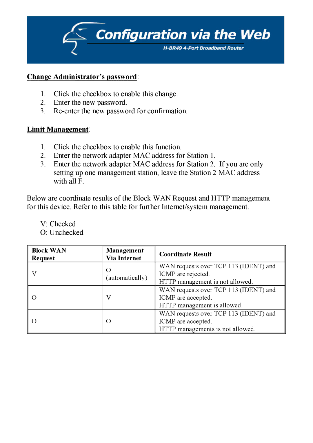 Hawking Technology H-BR49 manual Change Administrator’s password, Limit Management 