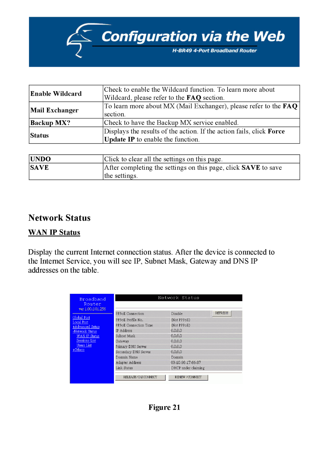 Hawking Technology H-BR49 manual WAN IP Status, Undo Save 