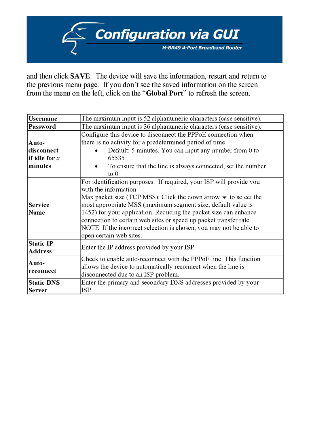 Hawking Technology H-BR49 manual Auto, Disconnect, If idle for, Minutes, Service, Static IP, Reconnect, Static DNS 