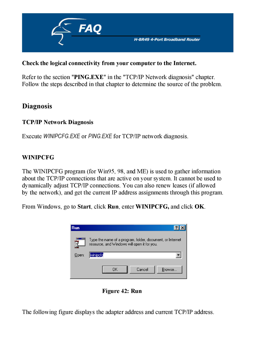 Hawking Technology H-BR49 manual TCP/IP Network Diagnosis, Run 