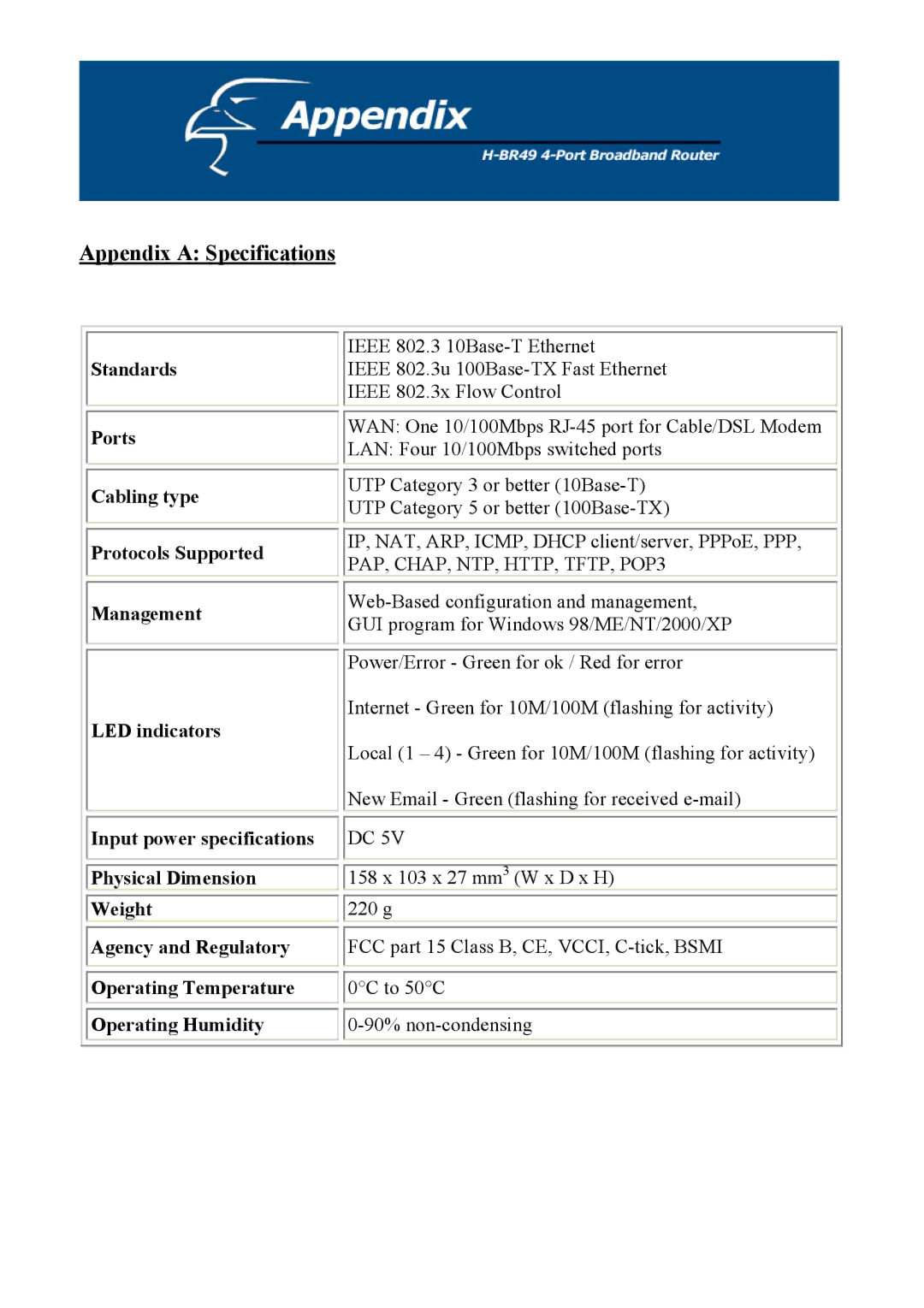 Hawking Technology H-BR49 manual Appendix a Specifications 